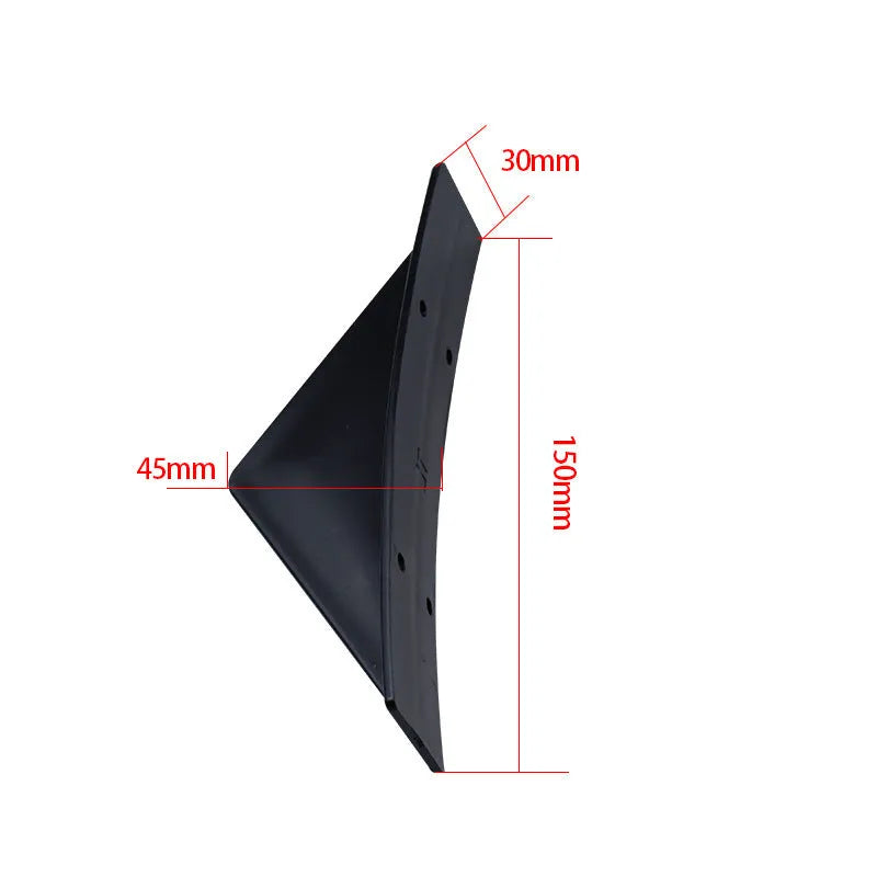 Black triangular ABS rear spoiler for cars with mounting hardware on white background
