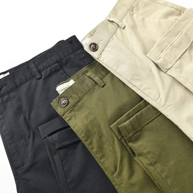 Men's cotton twill slim straight casual pants in black, high waist, zipper fly, solid colour