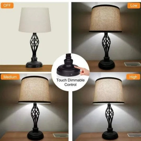 European style alloy bedside lamp with USB port and touch sensor on a wooden table.
