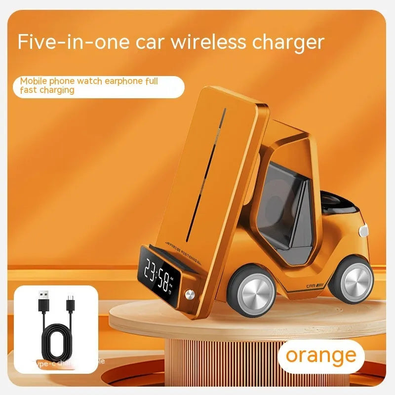 Grey 15W three-in-one wireless fast charging stand for phones on a desk