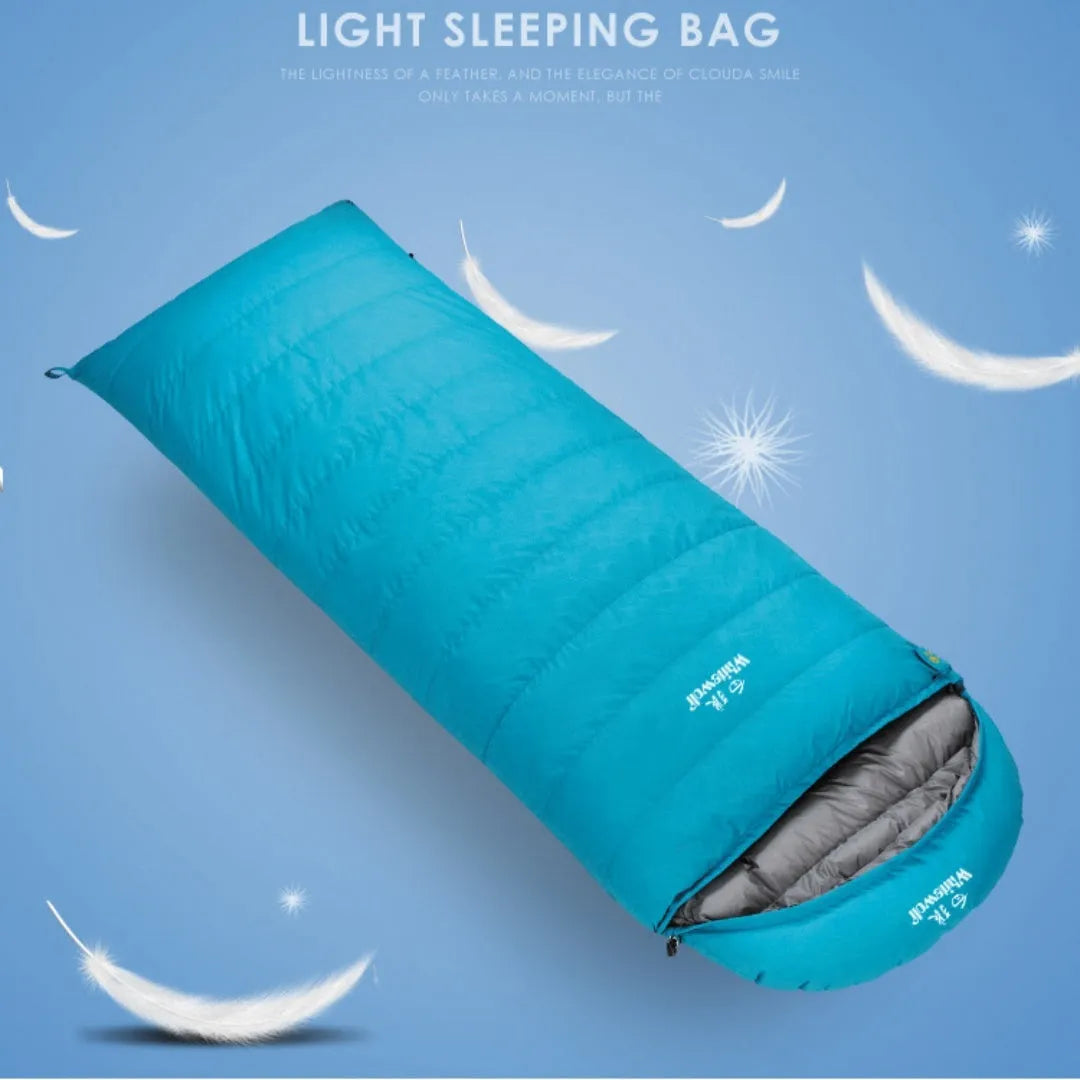 Black outdoor sleeping bag filled with white goose down and made from tear-resistant nylon.