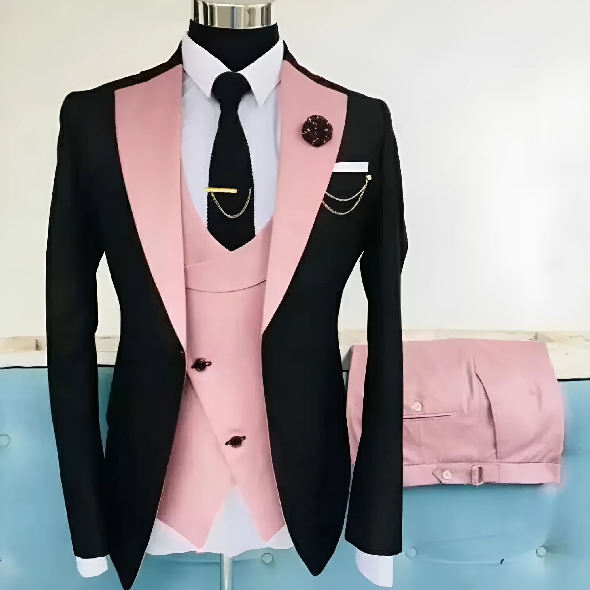 Men's slim fit three-piece business suit in cotton fabric with coat vest trousers