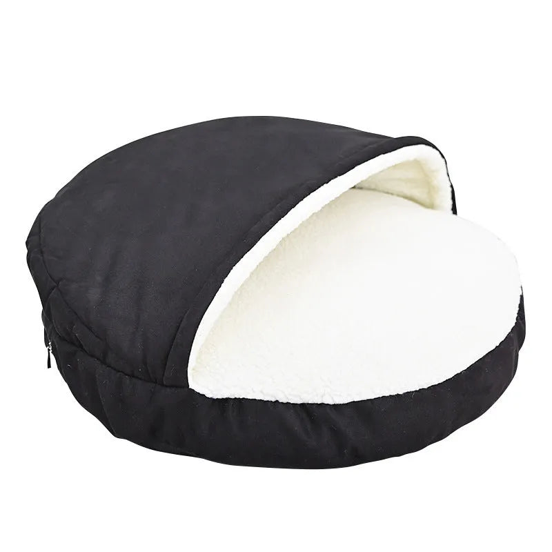 Brown fabric dog kennel with a removable, washable cover for small to medium sized dogs.