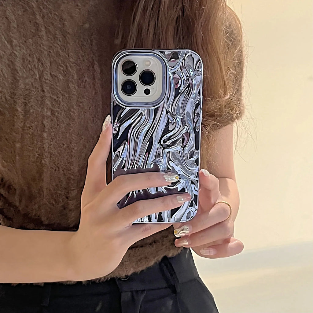Three-dimensional pleated pattern soft phone case for iPhone with electroplated colour finish