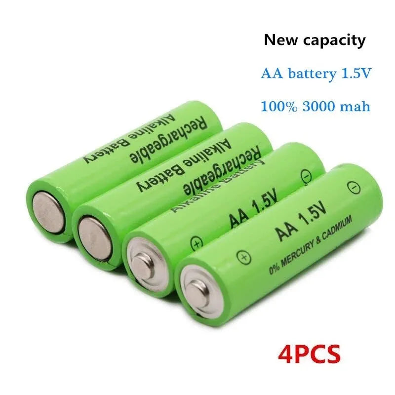 Alkaline rechargeable AA battery with 3000mAh capacity and 1.5V voltage.