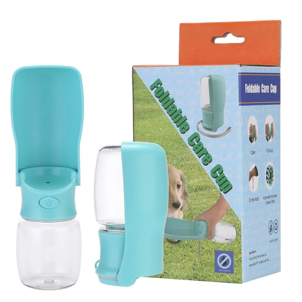 Foldable blue dog water bottle showing collapsed and expanded states with dispenser mechanism