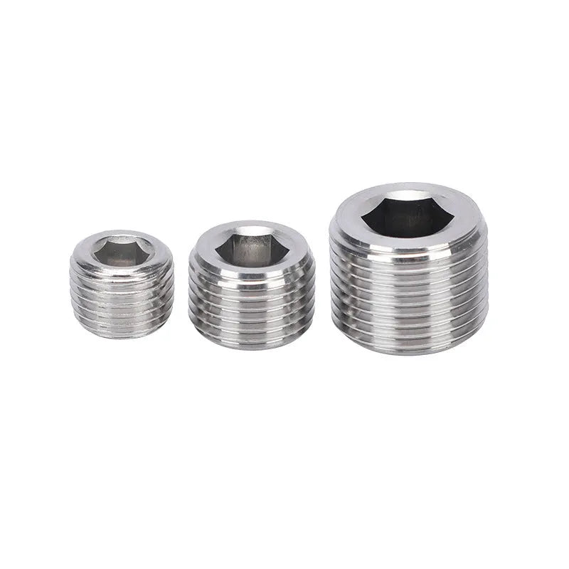 Stainless steel hexagon plug for 3/8 inch bulkhead pipe fittings on a white background.