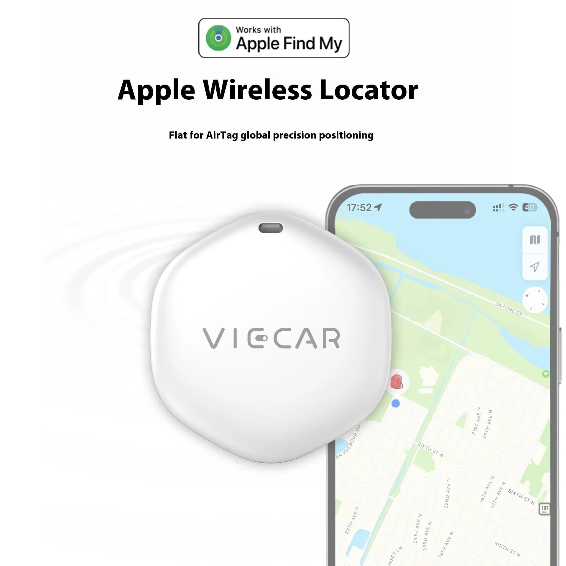 White ITag smart anti-lost tracker on a table with a keyring, showing Bluetooth 5.1 compatibility for Apple devices