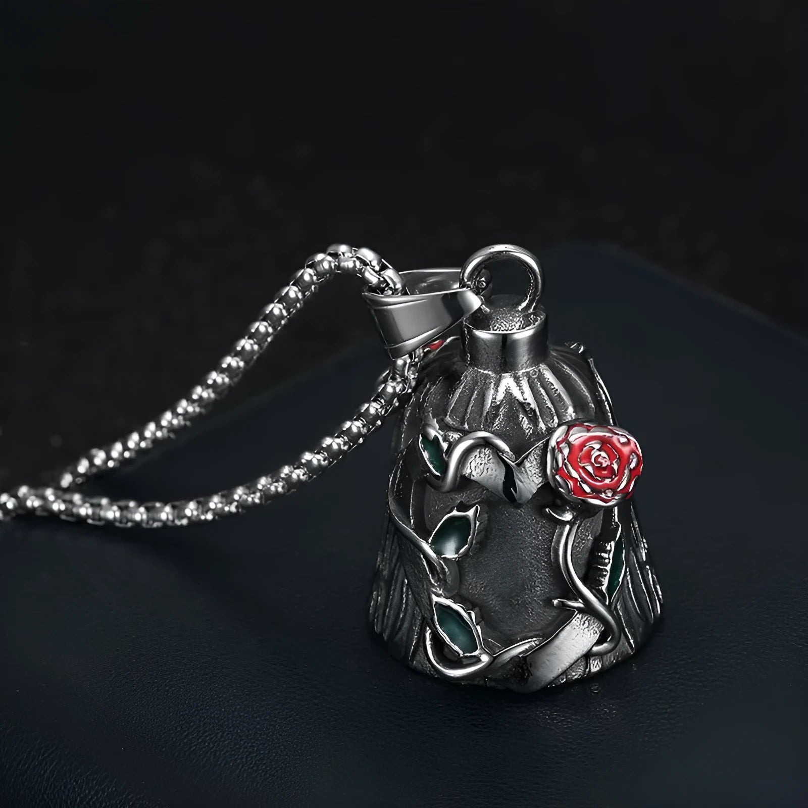 Polished titanium steel vintage motorcycle lucky bell with double-sided epoxy rose design in retro steel colour.