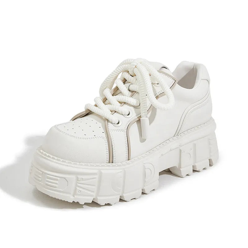 Beige and pink leather casual shoes with muffin bottom design and rubber foam soles
