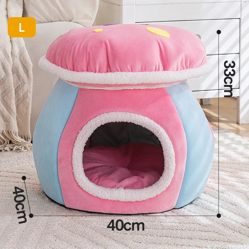 Grey mushroom-shaped plush cat nest bed for pets on a white background.