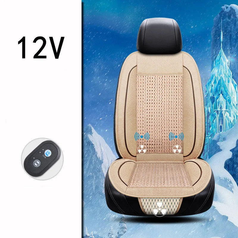 Black car ventilation seat cushion measuring 60x60cm with power cord