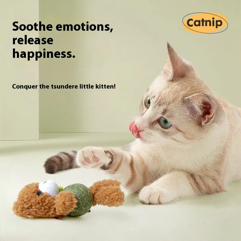 Plush catnip ball toy shaped as a character, measuring 15cm tall, with a bell and a 4cm catnip ball.
