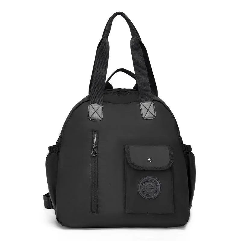 Large outdoor nylon backpack in black, shown with dimensions and sandwich pocket detail.