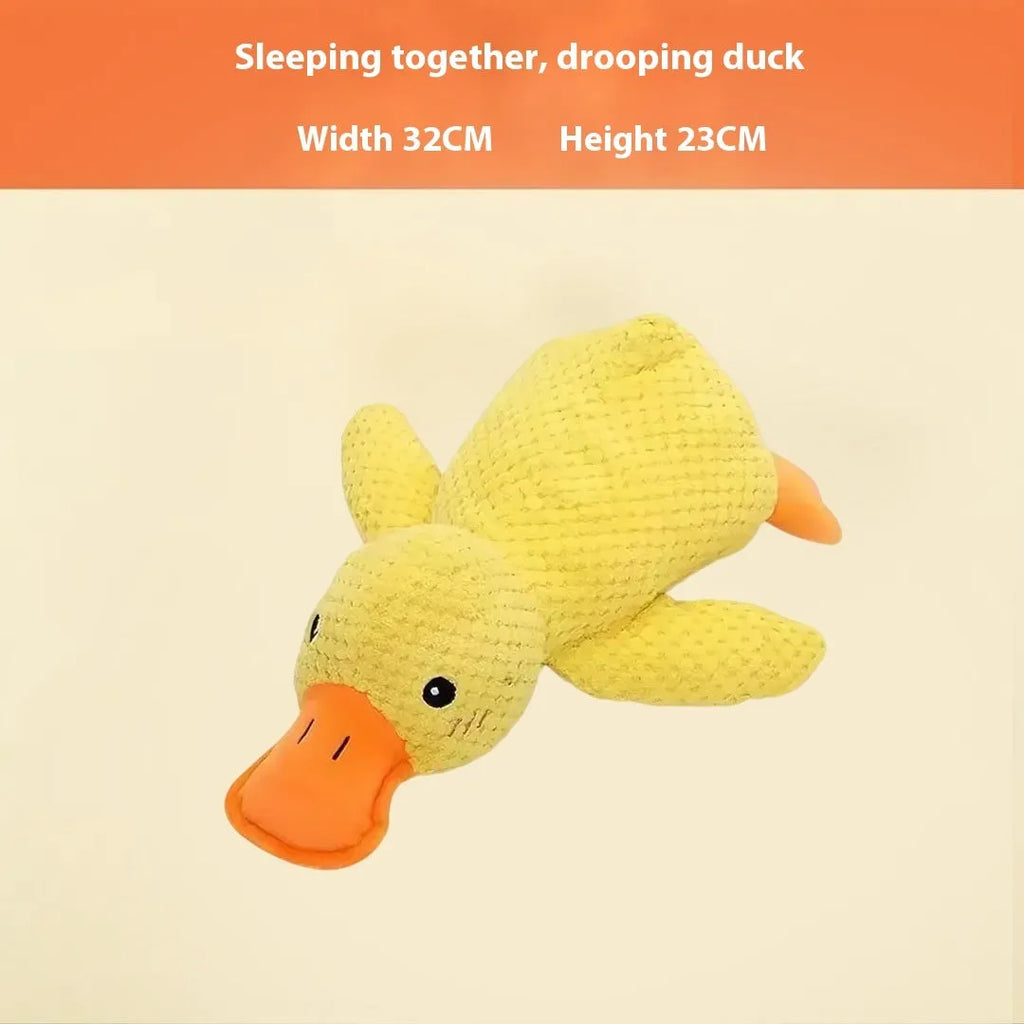 Soft plush dog toy shown as a pink grey donkey and a yellow rechargeable duck, for puppy teething and play.
