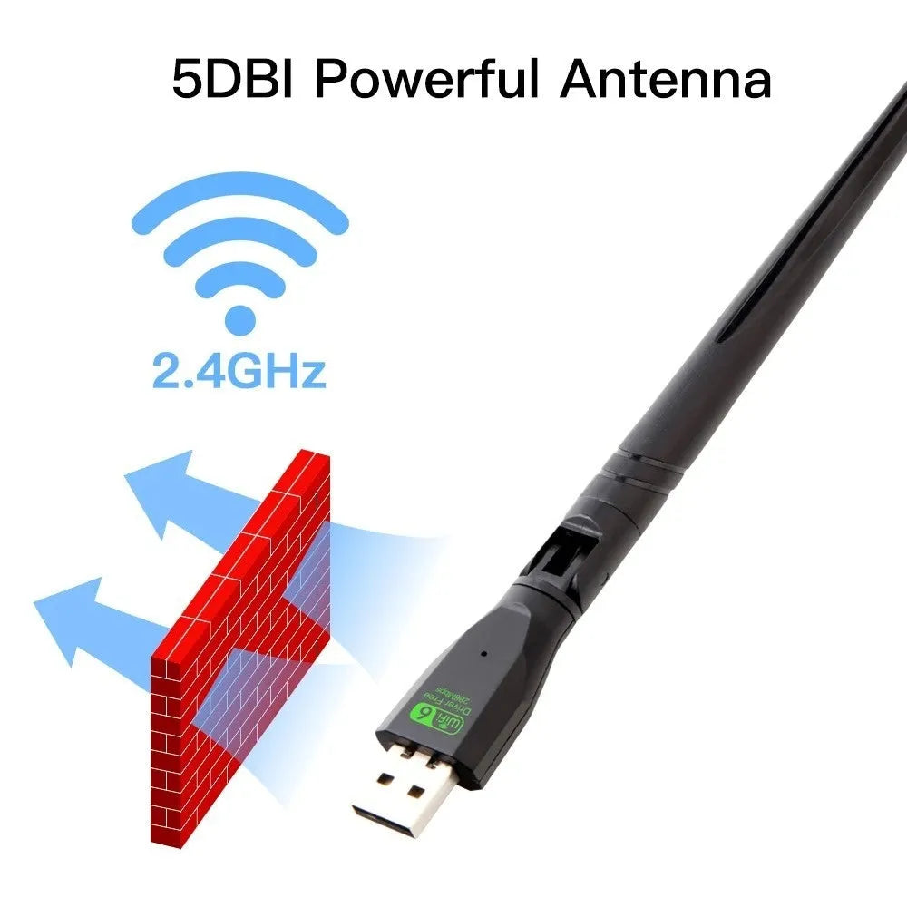 Black WiFi6 wireless network card with USB connector for driver-free computer connectivity