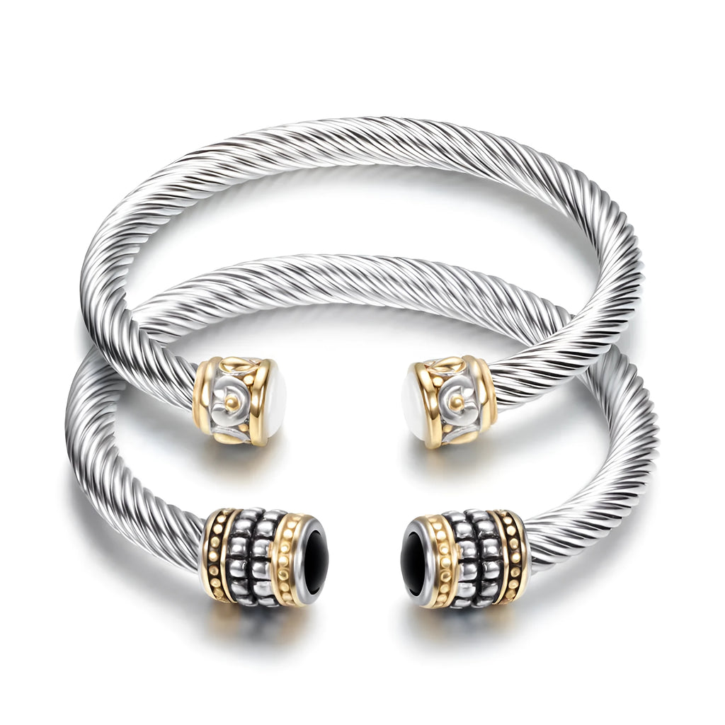 Two-tone vintage gold stainless steel bangle bracelet in black and golden finish