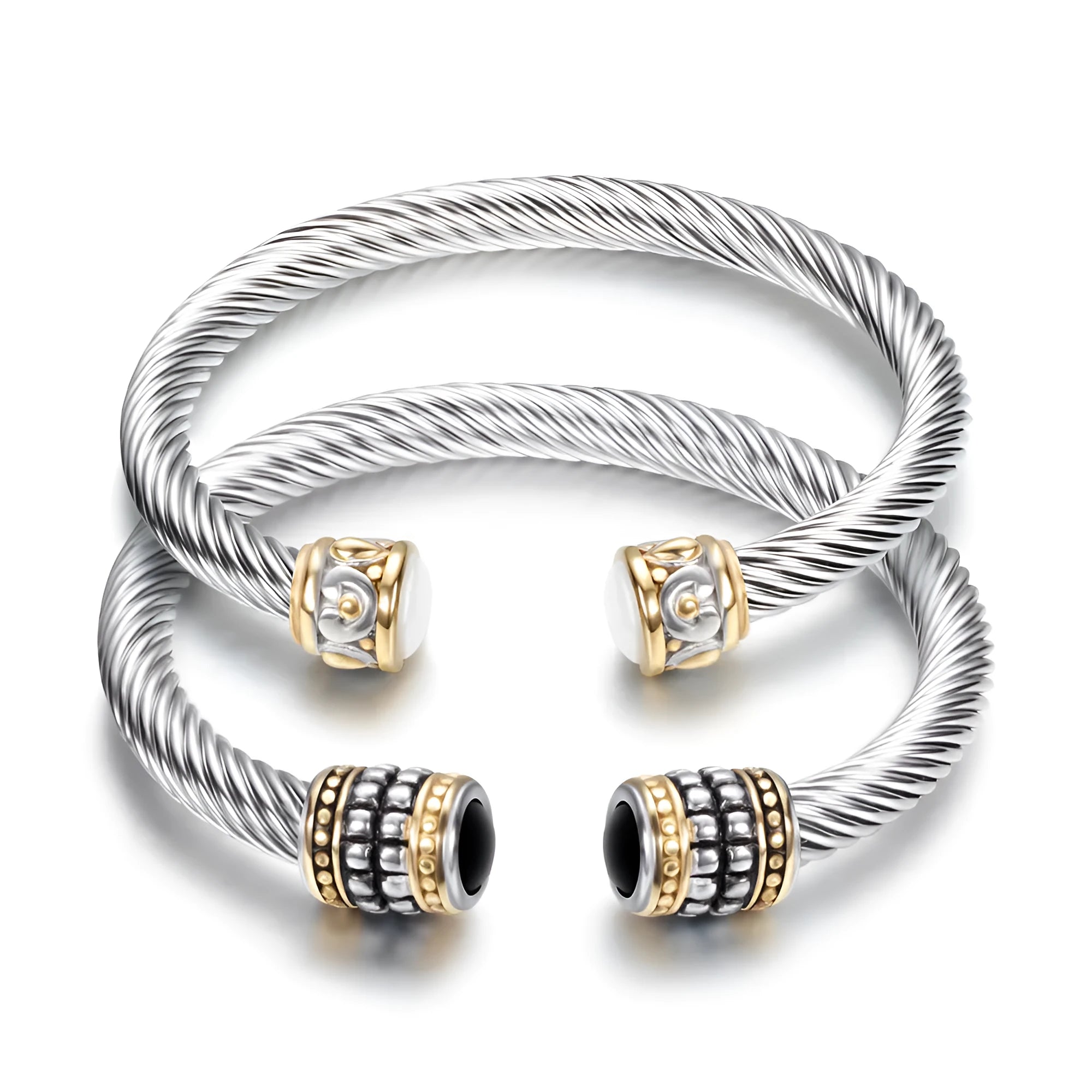 Two-tone vintage gold stainless steel bangle bracelet in black and golden finish