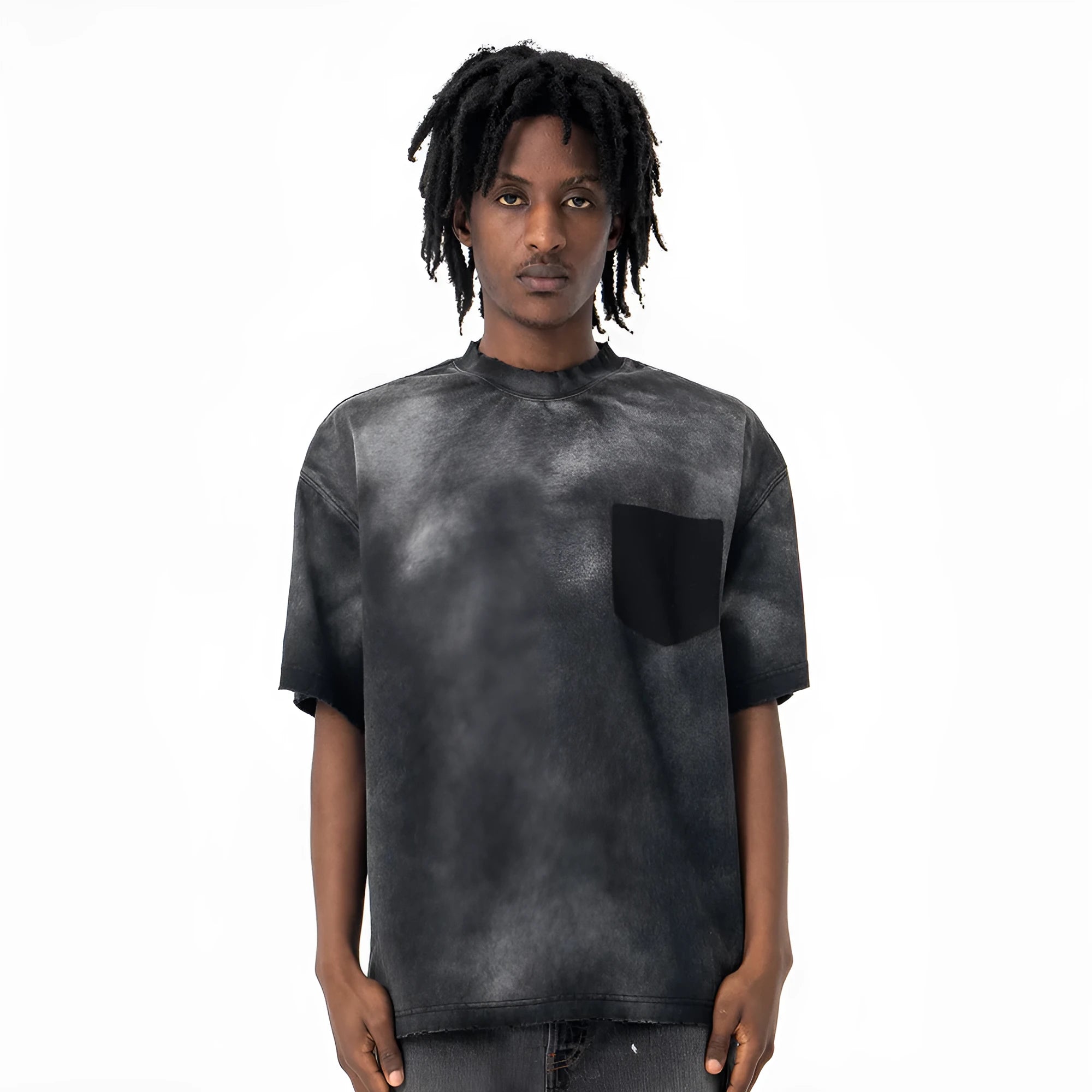Men's black cotton t-shirt with printed letter patterns and drop-shoulder sleeves in loose street fashion style