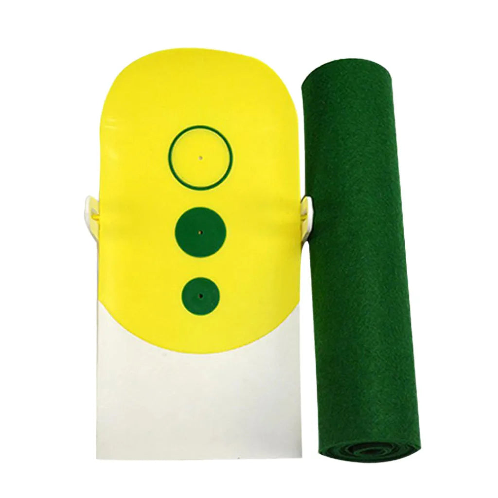 Precision putter exerciser on a green non-woven blanket with a 27cm simulator target for indoor golf practice