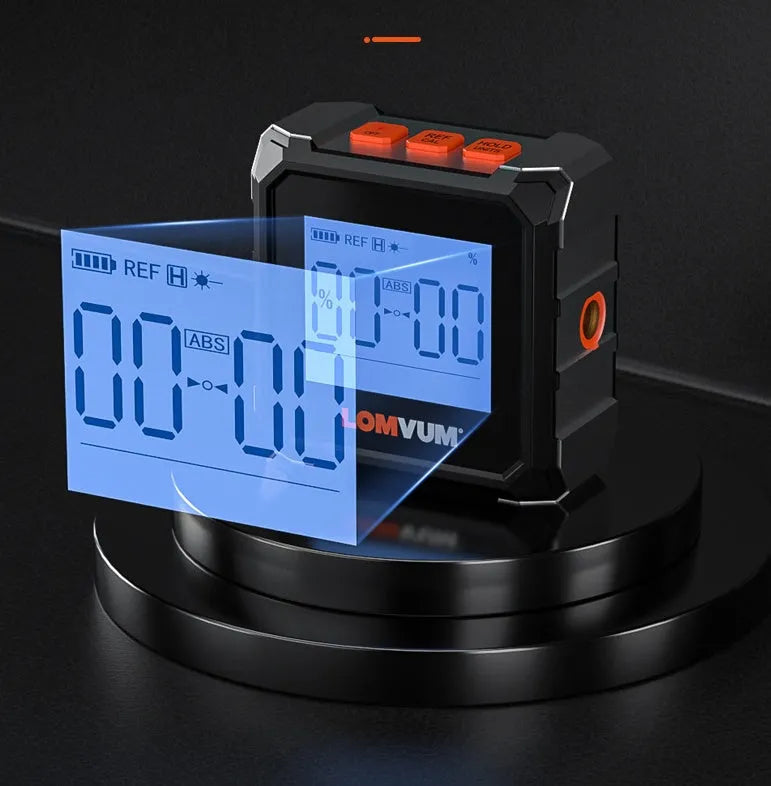 Digital laser infrared woodworking steel tape measure inclinometer with alloy casing on a workbench.