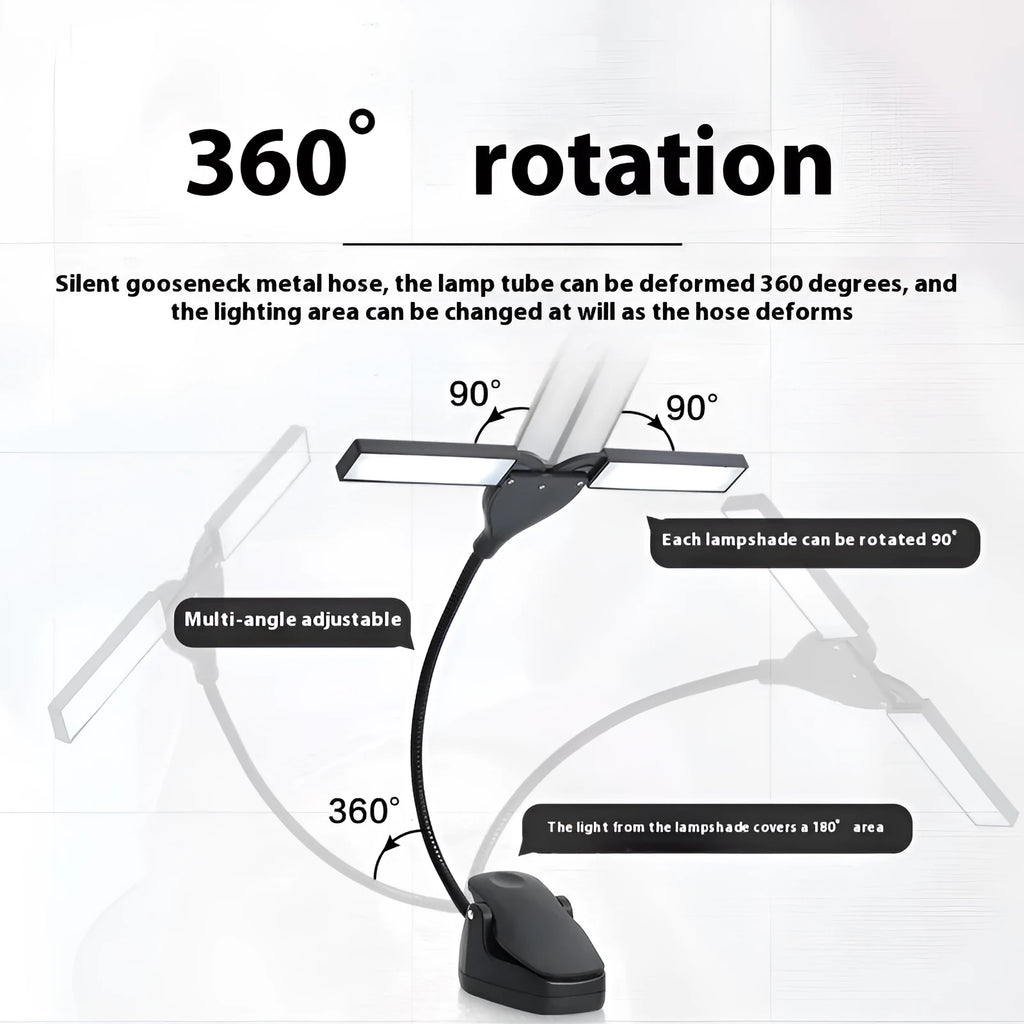 Black rechargeable music stand lamp with 28 LEDs lit up on a metal music stand.