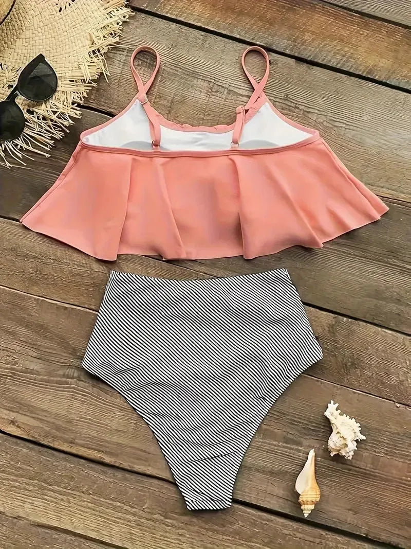 Women's conservative split swimsuit with high-waisted ruffled briefs in polyester fabric