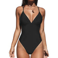 Women's V-neck backless solid colour one-piece nylon swimsuit in black