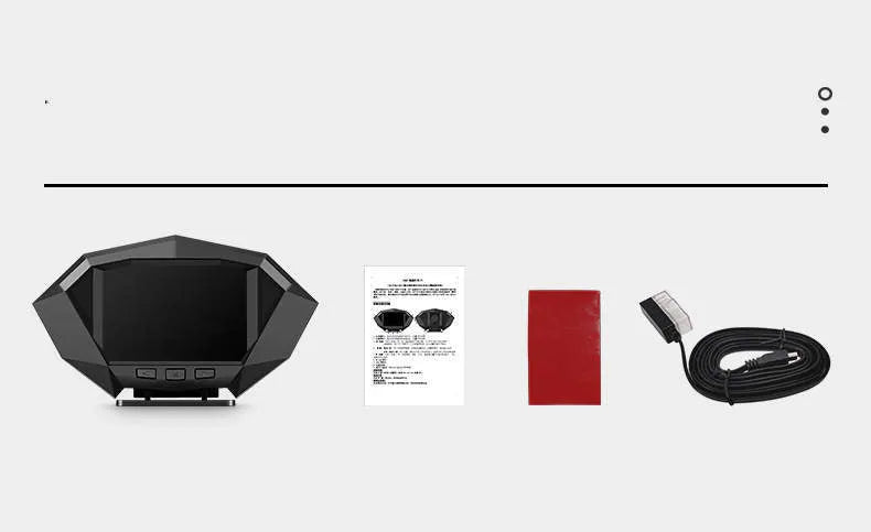 Black vehicle head-up display unit with LCD screen next to OBD cable on car dashboard