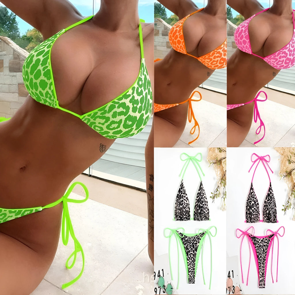 Women's lace-up triangle bikini set with halter neck top and split bottom in polyester fabric