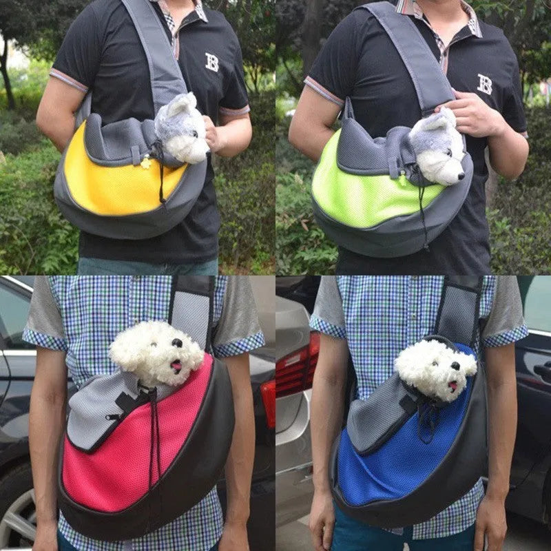 Blue polyester pet carrier backpack for small dogs, shown with adjustable straps and ventilation.
