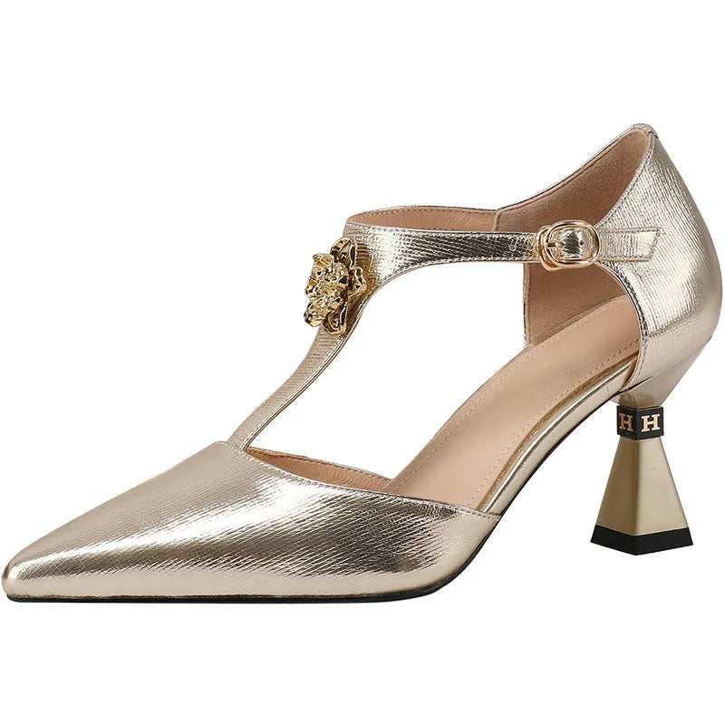 Women's gold and silver genuine cowhide leather pointed toe hollowed sandals on a white background.