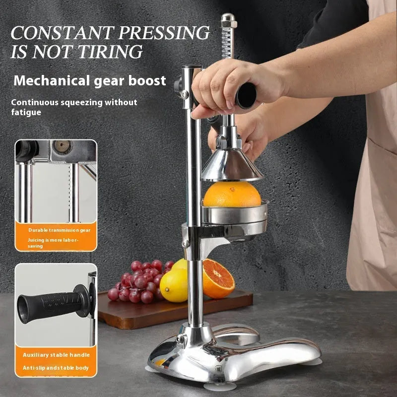 Vertical stainless steel manual juicer in five colour options with three tip style choices