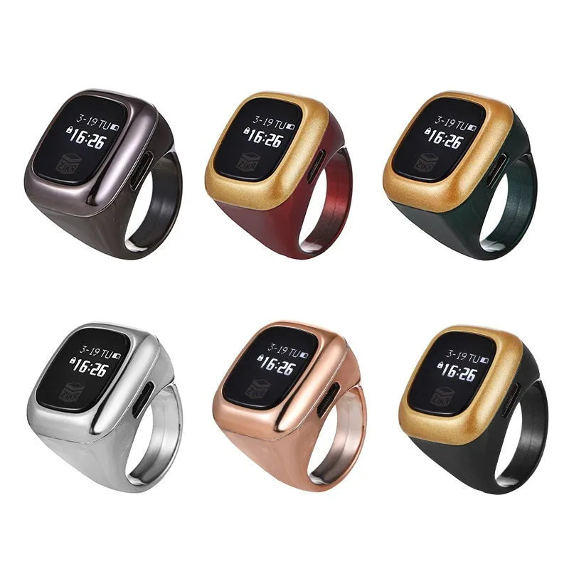 Al-Fatiha Zikr electronic counter with digital display on wrist, shown in Black, Space Gray, and Rose Gold colour options.