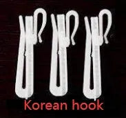 Simple blackout curtain panel shown hanging, with choice of hook, Korean hook or ring heading styles.