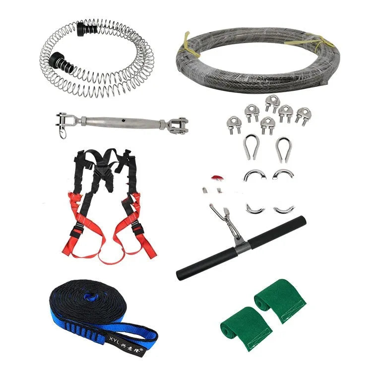 Children's pulley slide rope system with steel cable, handle, and safety hardware for backyard installation