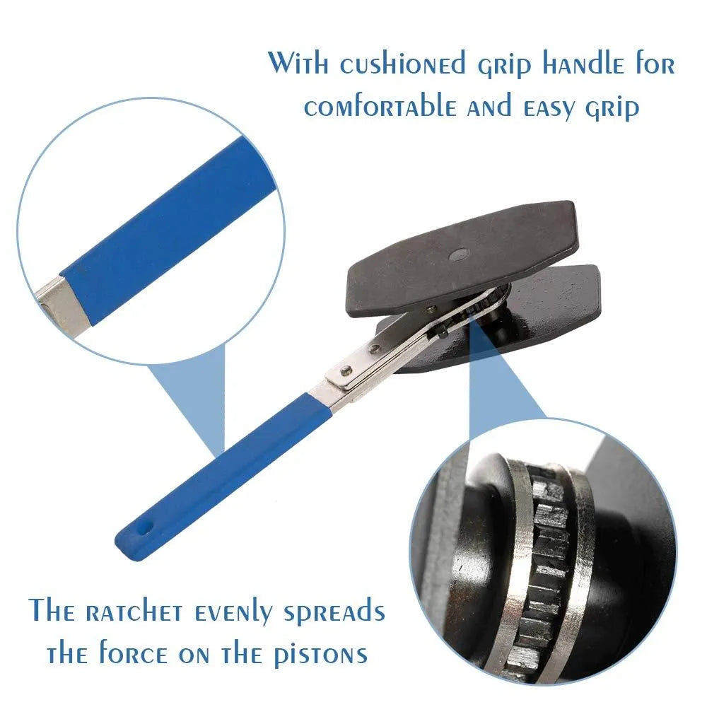 Black stainless steel brake caliper press with ratchet mechanism on bench