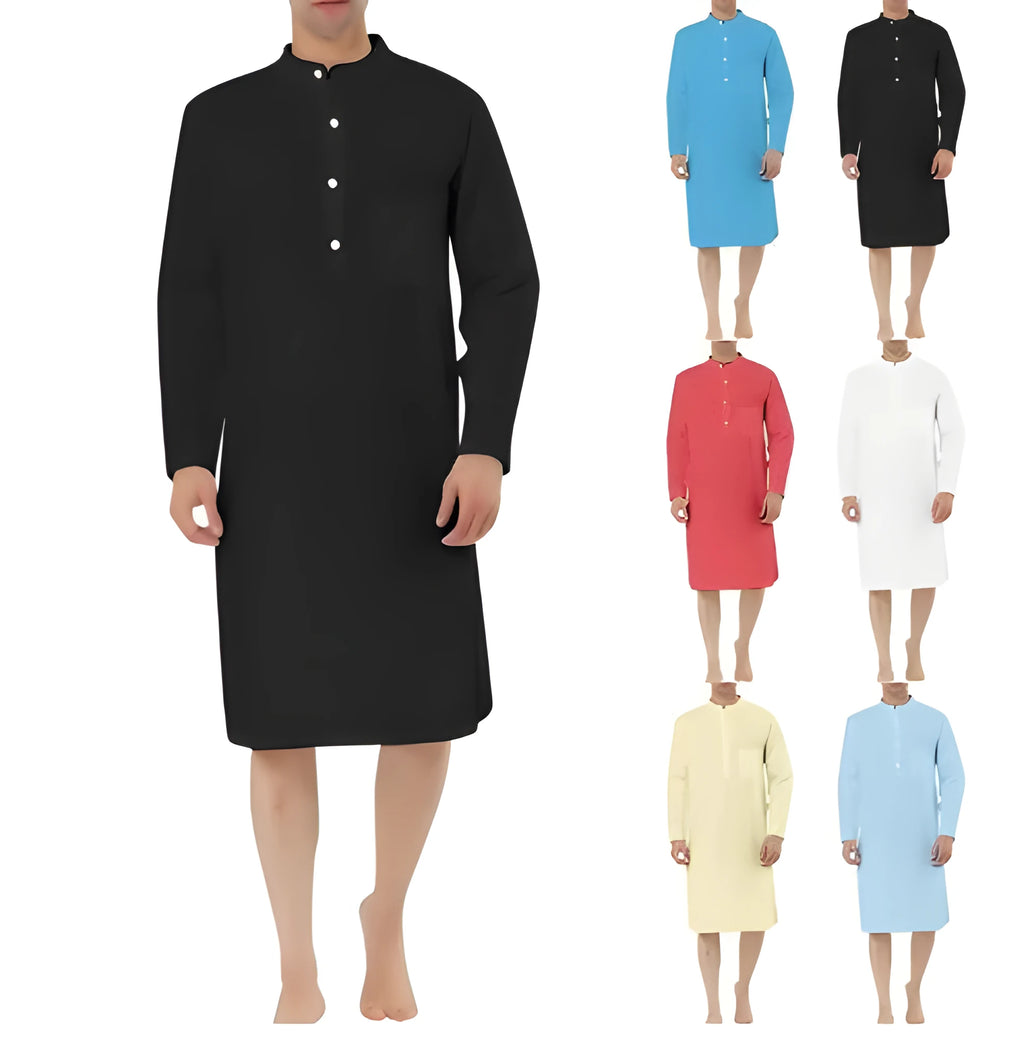 Men's shirt-style cotton robe in multiple colour options on a size chart.