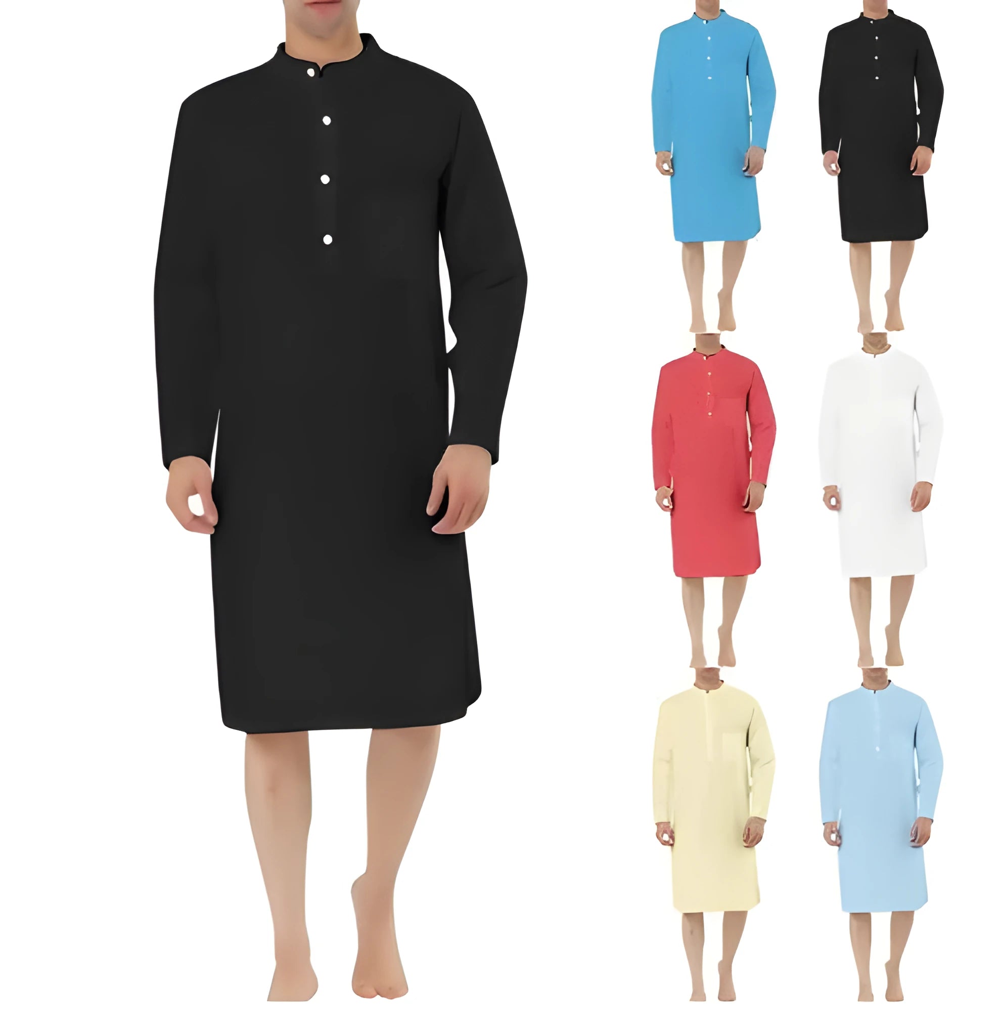 Men's shirt-style cotton robe in multiple colour options on a size chart.