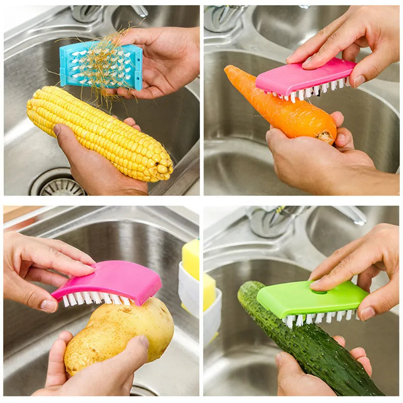 Kitchen cleaning brush with knife fork chopstick scrubbers and suction cup base in blue green pink colours