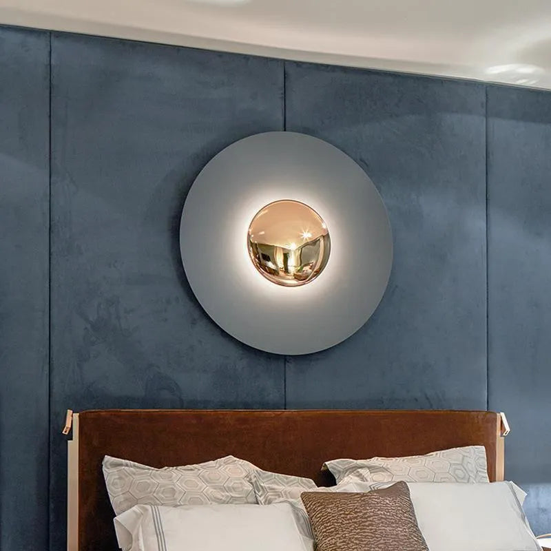 UFO-shaped iron wall lamp in blue, available in multiple sizes with integrated LED light.