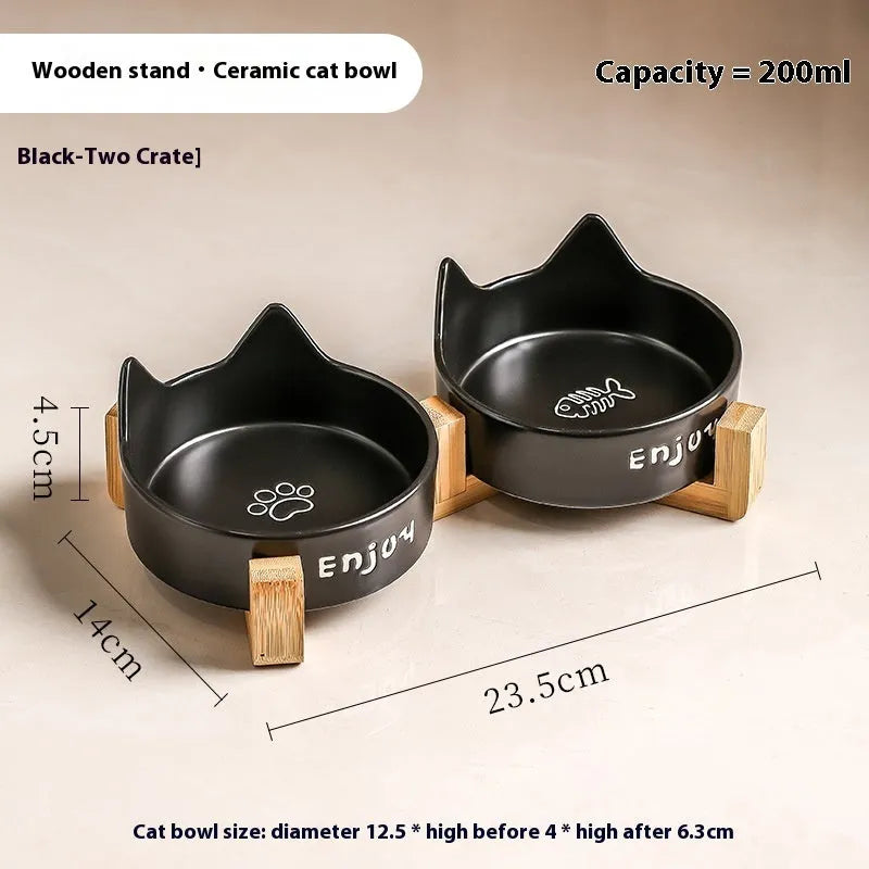 Porcelain cat food and water bowl set with wooden anti-tumble frame in various colours