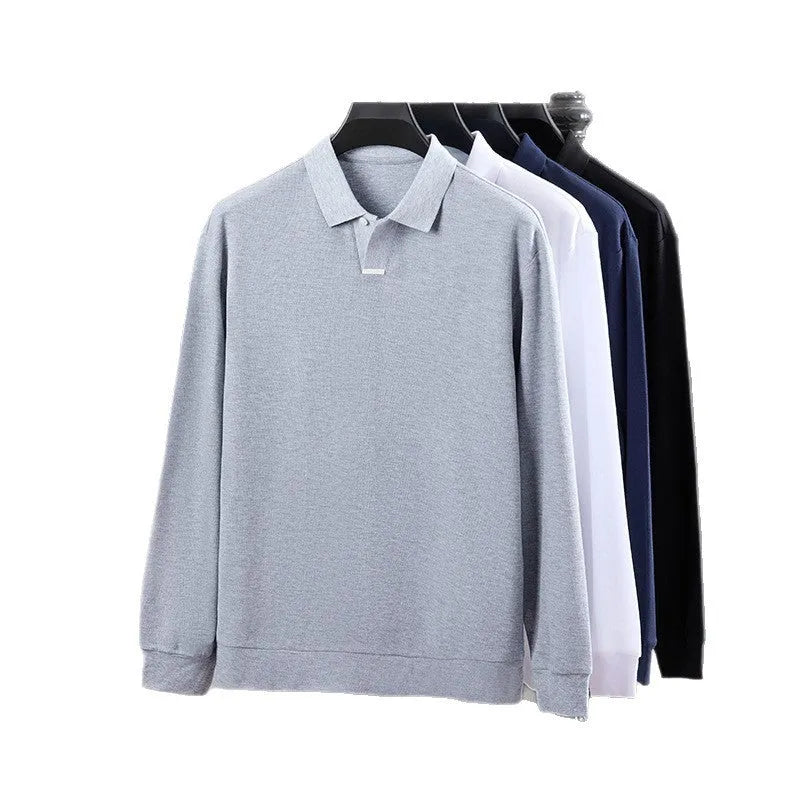 Men's grey loose-fit cotton polo shirt with an asymmetric lapel collar and long sleeves.