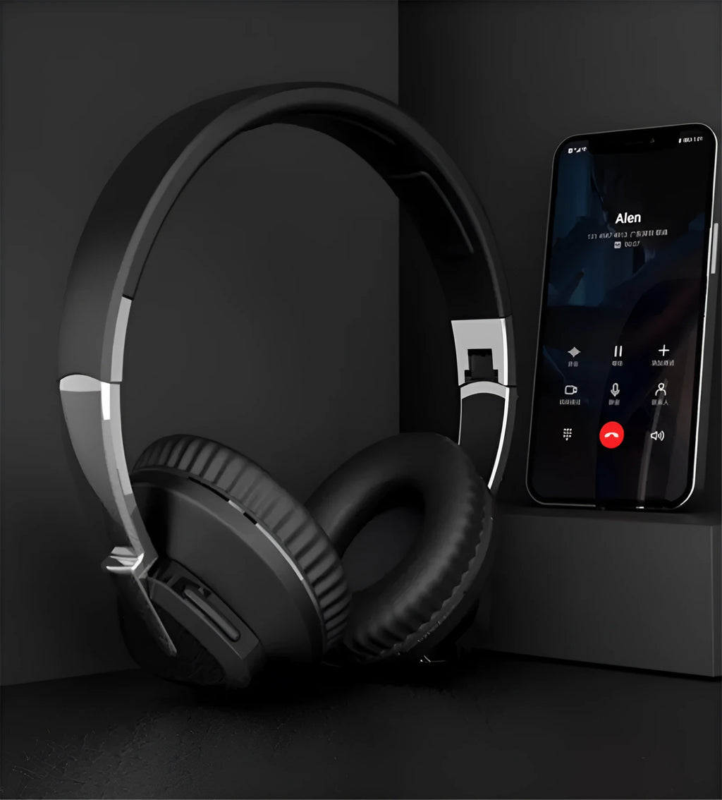 Wireless headset with subwoofer in black, white, blue, or khaki colours showing all-inclusive ear design