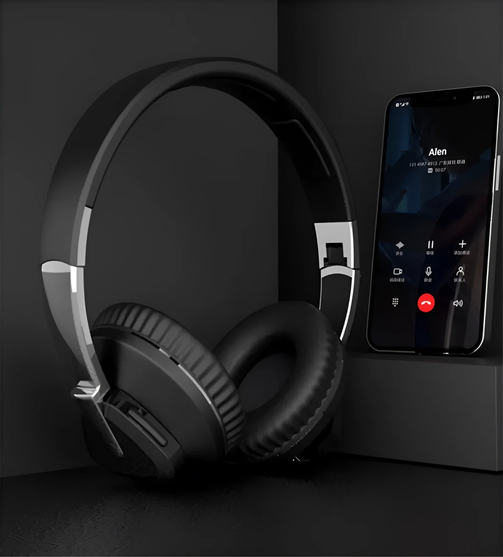 Wireless headset with subwoofer in black, white, blue, or khaki colours showing all-inclusive ear design