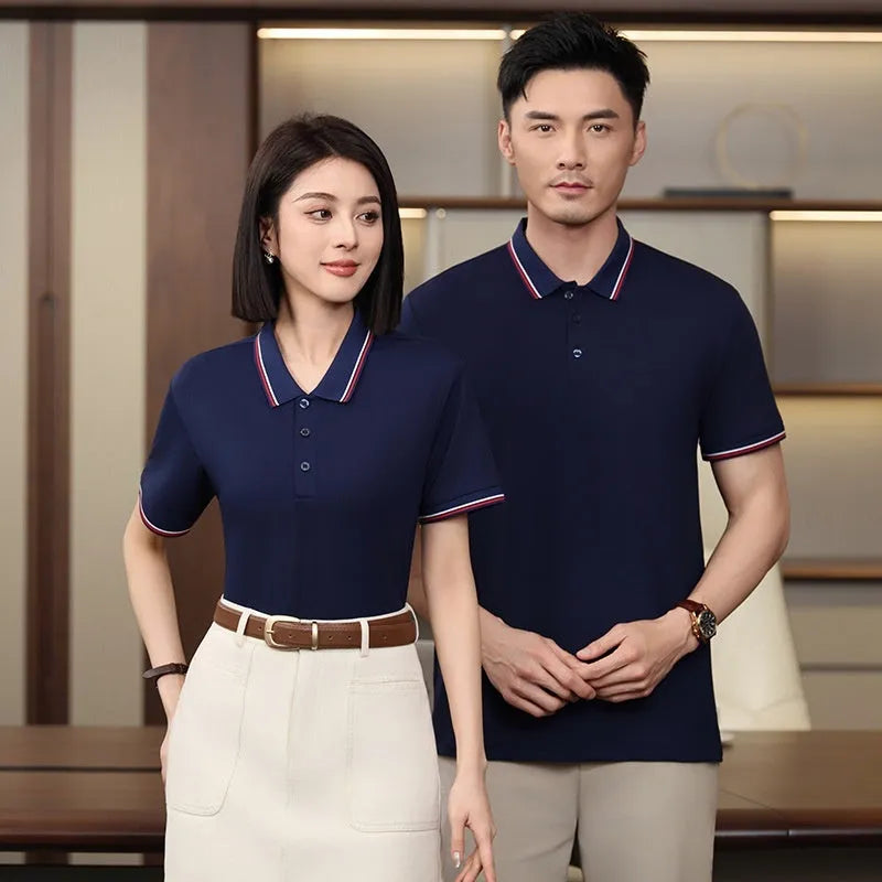 Short sleeve lapel polo shirt in thin recycled fibre polyester, regular fit solid colour summer work top