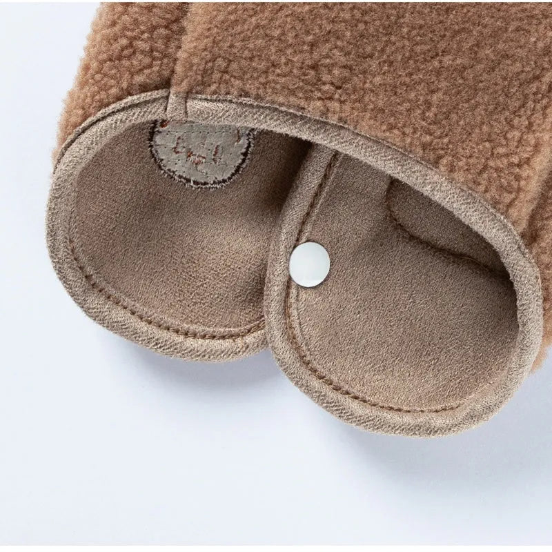 Brown fleece dog jacket with beige white and brown bear embroidery on side, side-button closure, small embroidered pocket, for small breeds