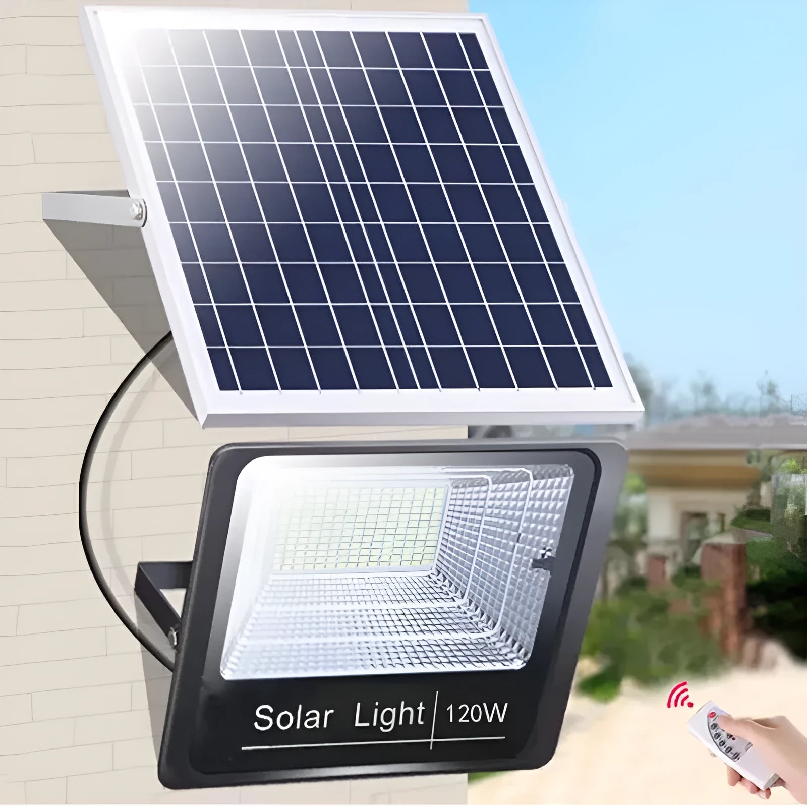 Black solar-powered LED flood light for outdoor garden and security use with remote control.