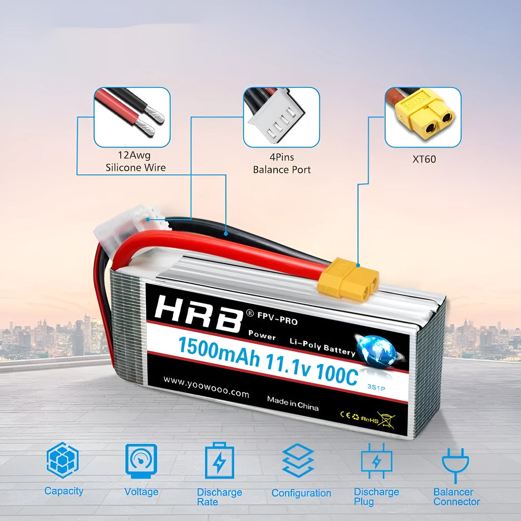 HRB 3000mAh 60C 2S lithium battery with EC5 plug for UAV