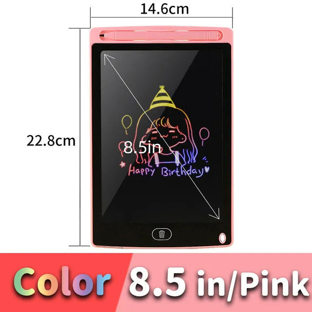 LCD drawing tablet with plastic stylus on colour screen showing child's drawing
